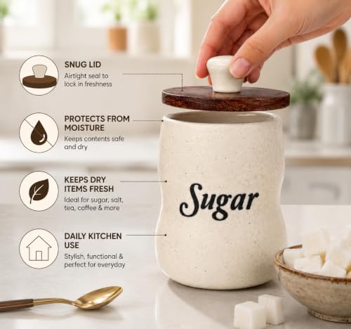 Image of Ceramic Sugar Salt Jar Set of 2 for Kitchen Storage, Airtight Lid Canisters for Countertop Decor, Premium Ceramic Containers for Sugar, Salt, Spices, Dry Fruits & Daily Essentials