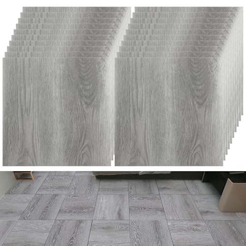 DAJAVE 40 Pcs Self Adhesive Floor Tiles, 30x30cm Peel and Stick Floor Tiles Grey Vinyl Floor Tiles Wood Effect Floor Stickers for Kitchen Bedroom Bathroom Living Room