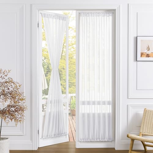 Tollpiz Sheer Door Curtains Closet Linen Textured Curtains Sheer Doorway Light Filtering Voile French Doors Rod Pocket Curtain Patio Glass Door, 25 x 72 inches Long, White, 1 Panel