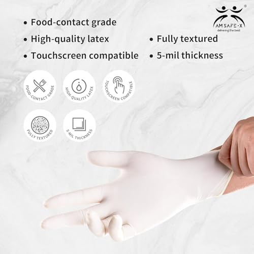 Image of AM Safe x Latex Gloves | White | Food handling | CE Approved | Non Sterile | Examination | All-Purpose | Powdered | Cleaning |Examination Gloves |40 pcs|Medium