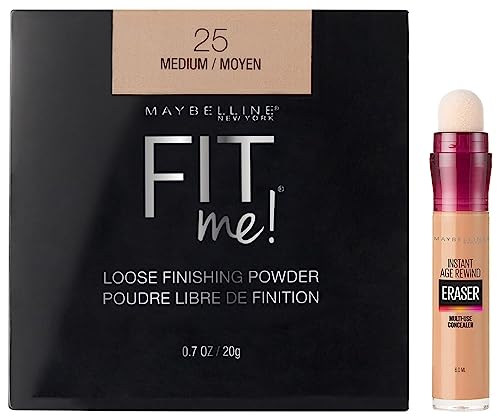 Image of Maybelline New York Luminous Finish Instant Age Rewind Concealer, Medium, 6g and Fit me Loose Finishing Powder, 25 Medium, 20g