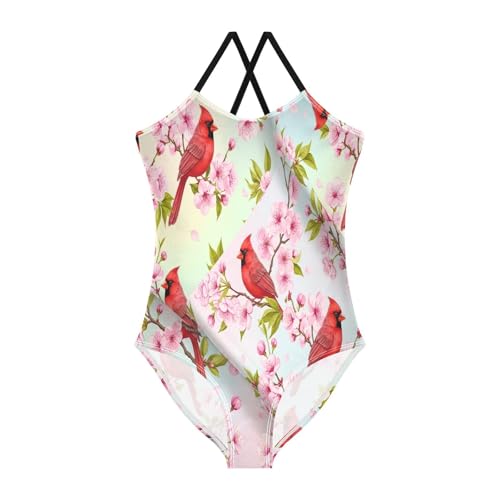 Vibrant Red Cardinals Birds Kids One Piece Swimsuit Girls, Summer Beach Bathing Suit, 3-10