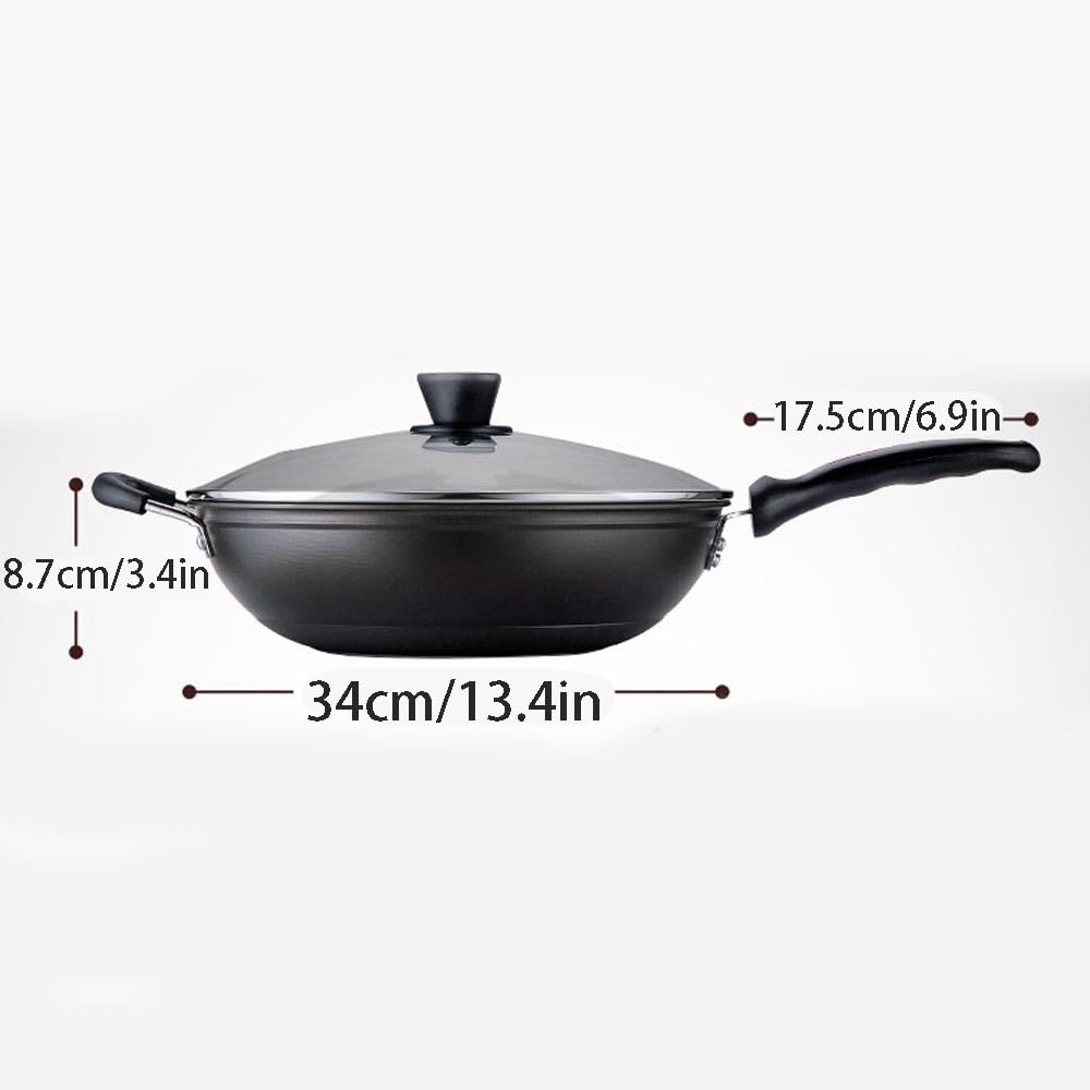 Woks und Pfannen, 13,4 Zoll Antihaft-Bratpfanne, runde Antihaft-Wok-Pfannen aus Gusseisen, Bratpfanne mit Granitsteinbeschichtung, Griff und Holzspatel, für Induktion,