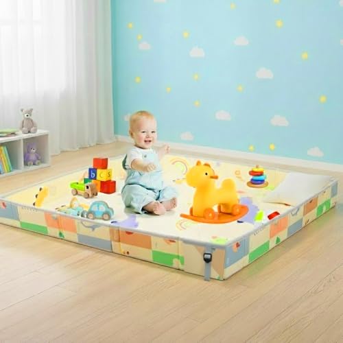 Image of TARKAN Foldable Baby Play Mat with Raised Borders, Double-Sided Design, 140 x 180 cm x 7mm, Dinosaur and Penguin Pattern