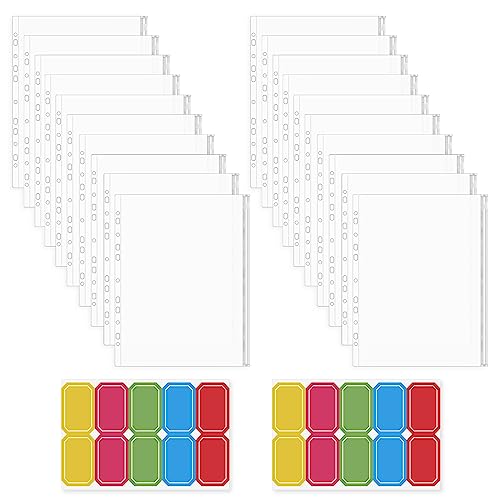 Agwuoetr Paquete de 20 Carpetas A4, Carpeta de PVC Impermeable con Cremallera, Bolsa de Hojas Sueltas con 11 Agujeros y 20 Pegatinas para Planificador de Presupuesto