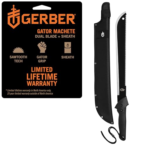 Gerber Gear Gator Machete 25" / 18" with Saw and Plain Edge Blade for Camping, Hunting, Gardening and Bushcraft, Includes a Gator Grip and Protective Sheath, Stainless Steel Blade by Gerber - Used condition - US$32.41