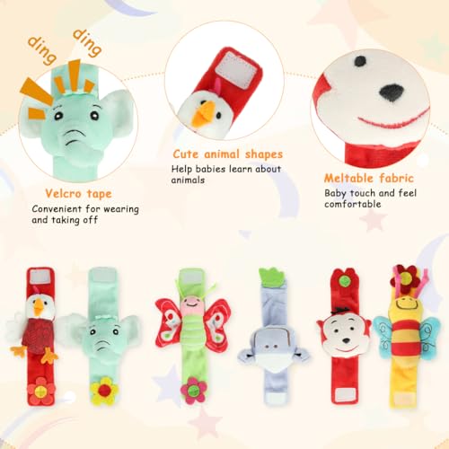 Image of SNOWIE SOFT 6Pcs Cartoon Rattle Set for Babies 0-6 Months, Soft Toy for Baby Boy, Bee, Sheep, Monkey, Butterfly, Chick & Elephant Interactive Fine Motor Sensory Toy for New Born Baby Gifts