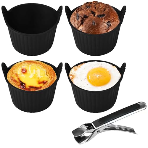 Moldes de Silicona para Freidora de Aire - Set de 4 Moldes con Pinza de Acero Inoxidable, Reutilizables, Antiadherentes, Compatibles con Airfryer, Horno y Microondas para Muffins, Tartas y Flanes