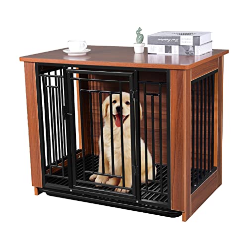 Wooden Dog Crate Furniture Style 32'', Decorative Dog Kennels End Table Wire Door with Lock Small Animal House with…