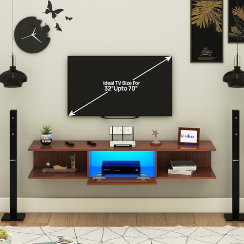 Image of Anikaa Vetra Wall Mount Modern Floating TV Unit for Living Room with Open Shelf Storage Cabinet & Middle Cabinet Blue LED Light (Ideal for 32 to 65 inch TV, DIY Installation, Walnut Finish)