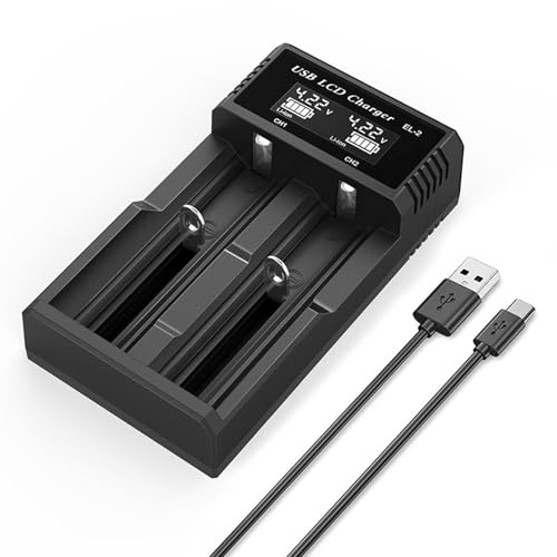 Powice 18650 Ladegerät, Akku Ladegerät mit 2 Schacht, Universal Batterie Aufladegerät mit LED Anzeige für 3,7V 18650/26650 Li-Ion Akku und 1,2V NI-MH/NI-CD/AA/AAA, mit USB Kabel
