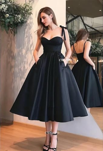 CWOAPO Satin Tea Length Homecoming Dresses for Teen Spaghetti Strap Short A Line Prom Cocktail Dress with Pockets2