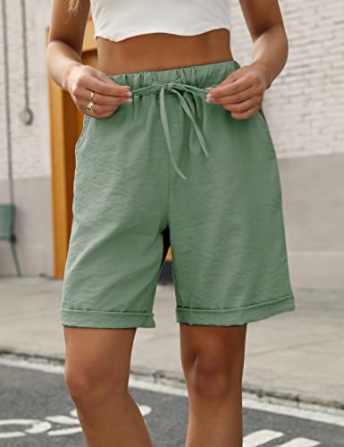 Tanming Women's Summer Casual Elastic Drawstring Rolled Hem Bermuda Shorts With Belt (Green-L) #TOP2