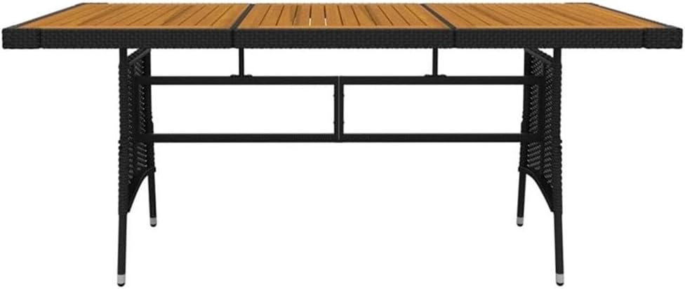 BOWERY HILL Outdoor Rectangular Patio Dining Set, Seats 8, Poly Rattan and Steel Construction, Black Finish, Weather-Resistant, Cushioned Seating, Rustic Acacia Wood Surface, Garden or Terrace Dining