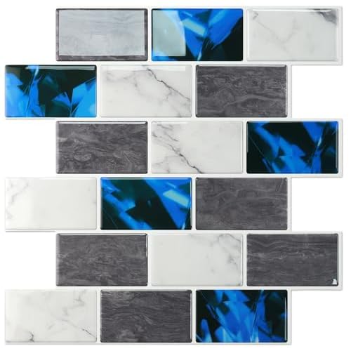 STICKGOO Peel and Stick Backsplash Subway Tiles, 10 Sheets of 12" x 12" - 3D Adhesive Peel and Stick Tile Backsplash for Kitchen, Bathroom, Wall Tile (Thicker Design, Blue Grey) 10 Blue Grey