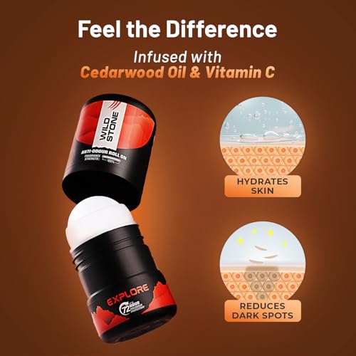 Image of Wild Stone Explore Anti-Odour Roll On For Men, 50ml | Up to 72-Hour Odour Control | Infused with cedarwood oil and Vitamin C | Skin Friendly & Itch Free Deodorant Roll On | Long-Lasting Freshness