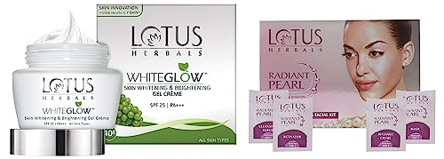 Image of Lotus Herbals Radiant Pearl Facial Kit For Lightening & Brightening Skin, 37G(Single Use) & Whiteglow Skin Whitening And Brightening Gel, Face Cream With Spf-25, For All Skin Types, 40G