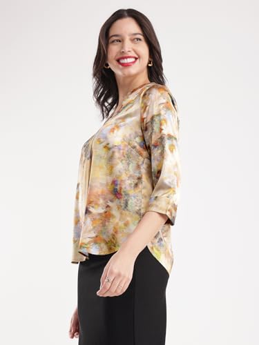 Image of FableStreet Women Shirt Work & Casual | Relaxed Fit Mandarin V-Neck Three-Quarter Sleeves Solid Pattern | Breathable Woven Fabric for Office & Everyday Wear