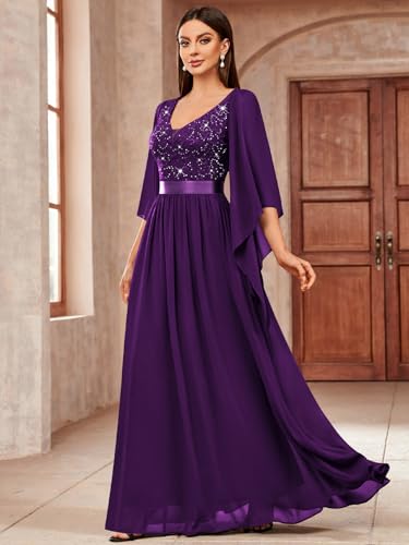 Image of Miusol Women's Deep-V Neck Lace Contrast Sequin Formal Evening Maxi Dress