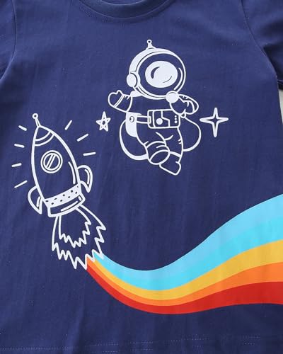 Image of LMYOVE Toddler Boy Short Set Little Boy Clothes Casual CrewNeck Short Sleeve T-Shirt and Short Sets Summer Beach Outfits(5T Dark Blue Astronaut)