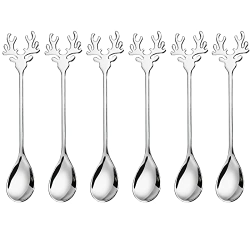 DAQUSU 6 Pieces Stainless Steel Christmas Antlers Shape Mini Espresso Spoons for Coffee, Dessert, Ice Tea & Stirring