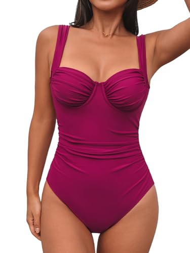CUPSHE Women's One Piece Swimsuit Sweetheart Neck Underwire Back Cutout Wide Straps Ruched Push Up Swimwear Dark Fuchsia S