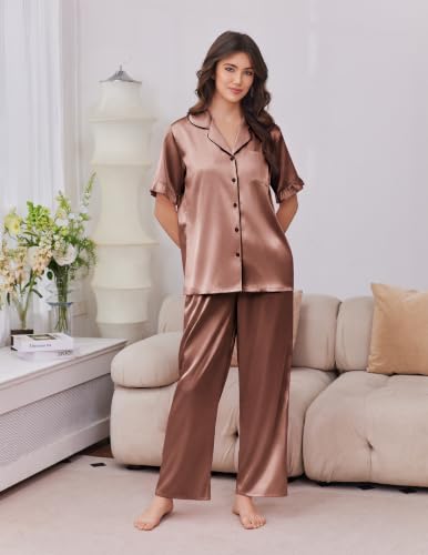 Image of Ekouaer Silk Satin Pajamas for Women Set 2 Piece Short Sleeve Button Up Pjs