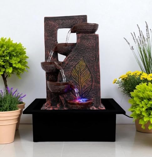 Image of UAG EXPORTS Polyresin Leaf-Design Tabletop Indoor Waterfall Fountain | Elegant LED Water Feature with Adjustable Flow Pump | Stylish Home & Office Decor Showpiece, White Color- Copper