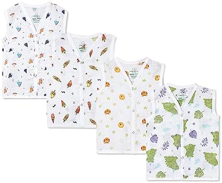 The Boo Boo Club Organic Cotton Baby Jhabla | Pack of 4 Newborn Sleeveless Jabla | 12 to 18 Months Infant Summer Wear | Soft & Breathable Muslin Fabric | Easy Button Closure Vest
