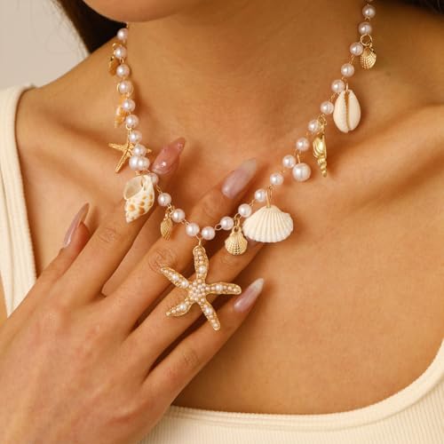 Charming Beachy Sea Shell Star Starfish Choker Necklace for Women, Dainty Boho Beaded Pearl Seashell Conch Necklaces Cute Beach Holiday Jewelry Accessories3