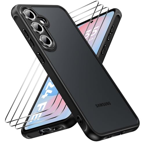caslord Coque pour Samsung Galaxy S24 FE 5G avec 3 Verre Trempé [Antichoc] Coque de téléphone Portable, Dos Translucide Mat Anti-Traces de Doigts, Noir