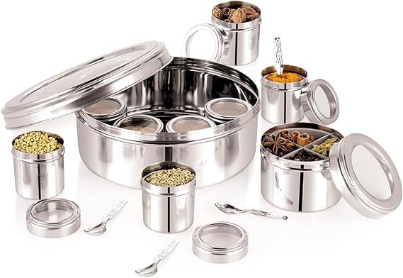Stainless Steel 12 IN 1 Masala Box for Kitchen, Spice Box for Kitchen, Masala Container, Masala Dabba with individual See through lid 4 Spoons,X-Large | 22.5cm.