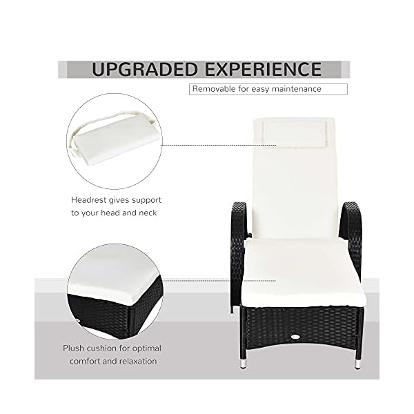 Outsunny Garden Rattan Furniture Single Sun Lounger Recliner Bed Reclining Chair Patio Outdoor Wicker Weave Adjustable Headrest with Fire Retardant Cushion - Image 5