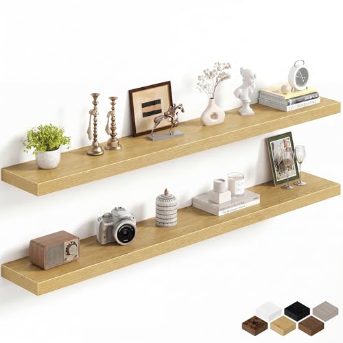 Image of Fun Memories 60Inch Long Floating Shelves, 8 Inch Deep Shelves for Bedroom|Living Room, Wall Mounted Wood Hanging Shelf with Invisible Brackets for Fireplace Mantel Home Storage Decor, Oak - 2 Pack