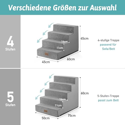 COZY KISS Hundetreppe für Kleine Hunde, 5 Stufen Breiter Haustiertreppe für Bett Couch Auto, 60cm Hoch Hochdichtem Schaumstoff Katzentreppe mit Abnehmbarem Bezug (Grau, 75x50x60cm, 5)