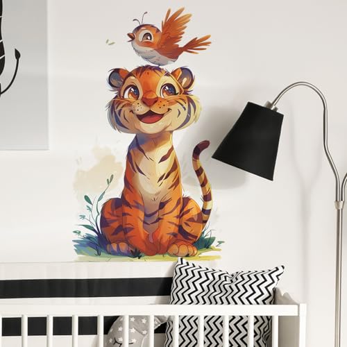 Vinilo decorativo infantil tigre y pájaros adorable miniatura 6