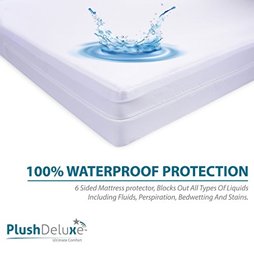 PlushDeluxe Premium Zippered Mattress Encasement, Waterproof, Bed Bug & Dust Mite Proof 6-Sided Protector Cover, Hypoallergenic Cotton Terry Surface (Fits12-15" Inches) Queen Size