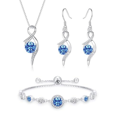 Estrellique Silber Schmuck Set Damen, 3PCS 925 Sterling Silber Halskette & Ohrringe & Armband Set mit Blau Cubic Zirkonia, Unendlichkeit Silber Twisted Schmuckset Blau Liebesgeschenk zum Weihnachten