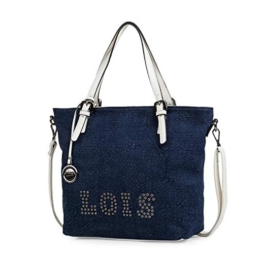 Lois - Bolso de Mujer Tipo Shopping con Asas y Bandolera. Lino y Cuero PU Polipiel. Logo con Remaches. Grande Cómodo y Práctico para Viaje Compras o Diario. 301081, Color Azul