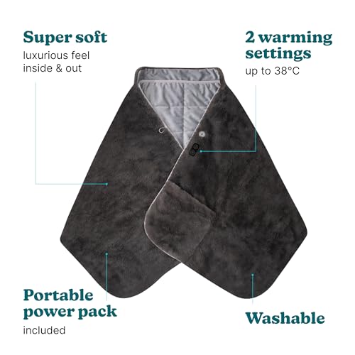 Homedics Cosy Cordless Warming Shawl - Wearable Heated Blanket with 2 Heat Settings, Cordless Heated Shawl with Portable Power Pack, Ultra-Soft Electric Throw Blankets for Home, Office & Travel
