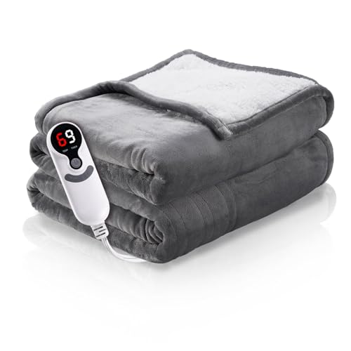 RALYSUN Electric Blanket 72'x84' Full Size Heated Blanket with 6 Heat Settings & 10 Hours Auto-Off,Thickened Flannel and Sherpa Warm Blanket for Full Body-Light Gray