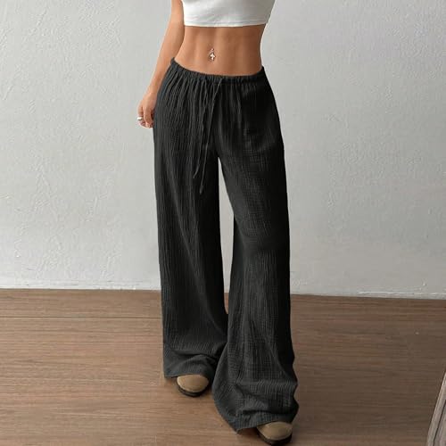 Travel Pants Drawstring Elastic Waist Casual Palazzo Pants Wide Leg Beach Trousers with Pockets2
