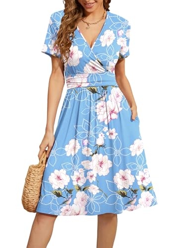 Image of WEACZZY Women's Summer Short Sleeve Casual Dresses V-Neck Floral Party Dress with Pockets