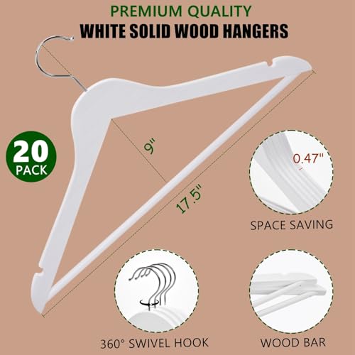 Amber Home 20 Pack Wooden Hangers with Non Slip Pant Bar - White Wood Coat Hangers for Shirts, Jackets, Dress - Thumbnail 2