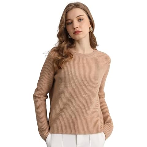 GreenMount Cashmere Sweaters for Women Essential Crewneck Ribbed Long Sleeve Pullover Sweater (Camel) Cover