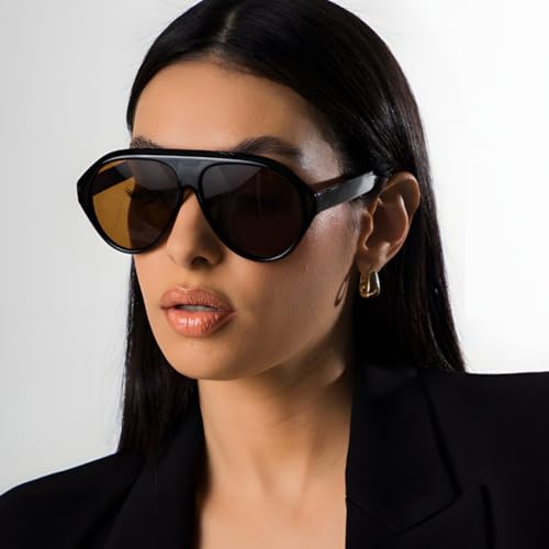 Image of IKANOO Retro 70s Aviator Sunglasses for Women Men Oversized Classic Vintage Square Aviator Trendy Shades (Black /Brown)