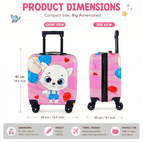 Image of Storite 18In Kids Luggage Trolley Hard Shell Cabin Suitcase | Cute Cartoon Kitten Design Suitcase Ideal For School Trips Vacations Holidays And Weekend Travel (Pink - 35 x 23 x 38 Cm)