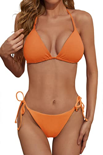 Image of Zuvebamyo Women's Two Piece Bikini Swimsuit Sexy Ribbed Triangle Top Bathing Suits String Cheeky Bikini Sets