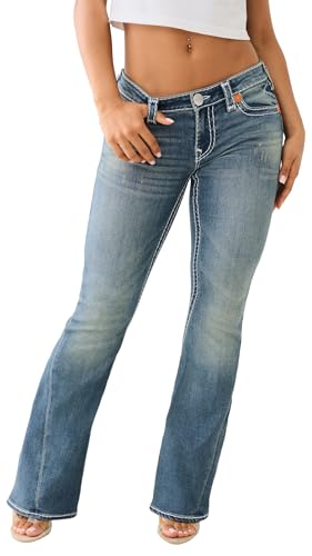 True Religion Women’s Joey Low Rise Super T Flare Jeans - Denim Flap Pocket Bell Bottom Jeans...