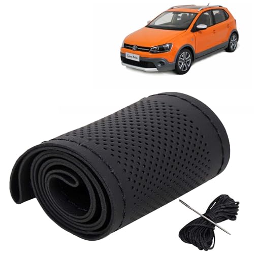 Image of KINGSWAY PU Leatherite Car Steering Cover Sewable Compatible with Volkswagen Polo Cross (Year 2010 Onwards), Black Color with Black Thread, Pack of 1 with Sewing Needle and Thread